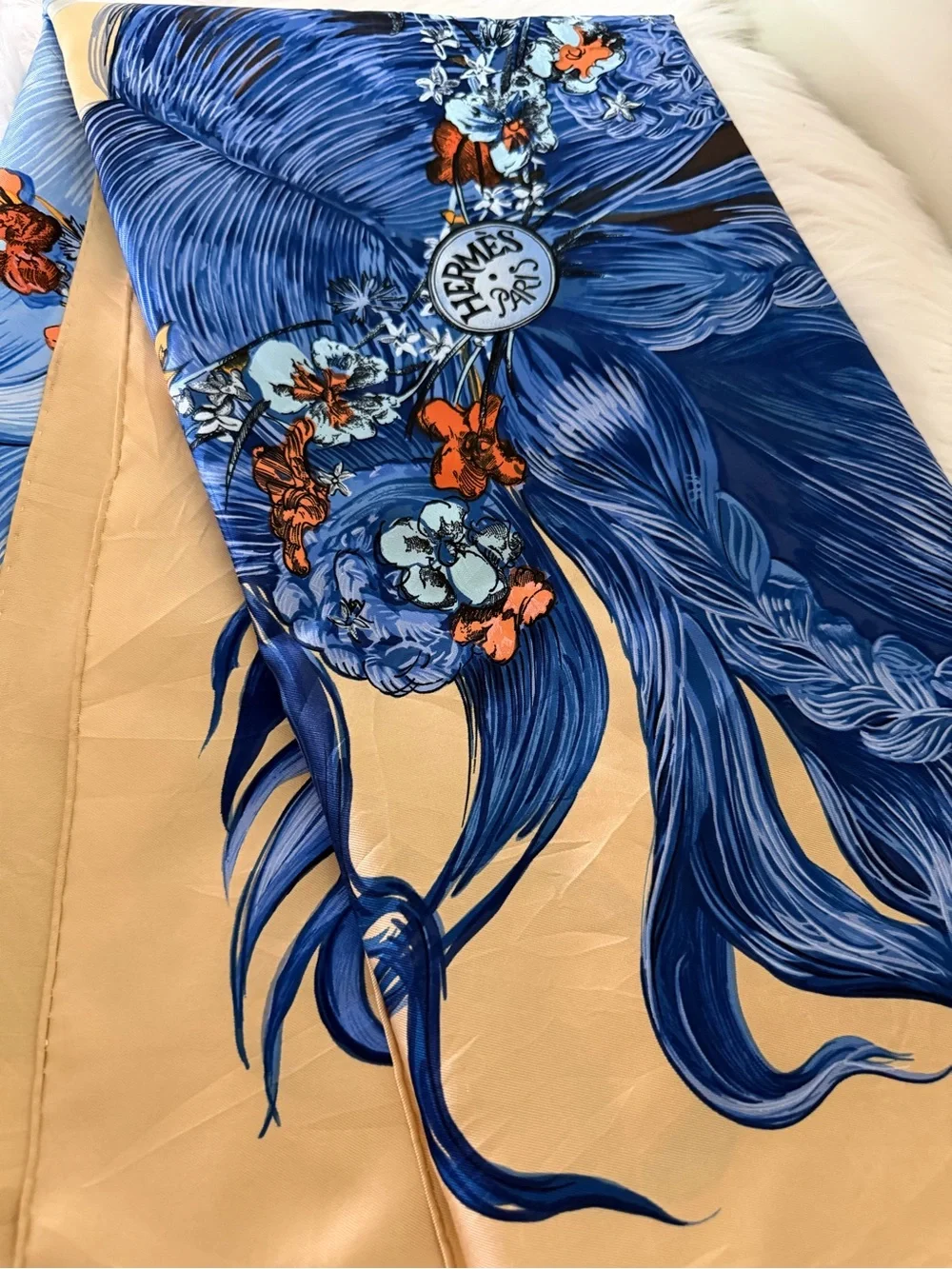 Hermès Eva Blue Floral Goddess Silk Scarf.